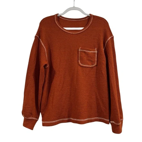 Women’s Long Sleeve Waffle Sweater Oversized Boho Knit Tunic Rust Orange Large - Picture 2 of 13